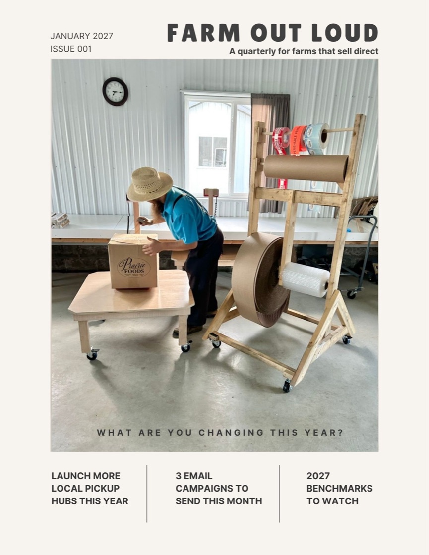 Cover of Farm Out Loud Issue 001, January 2027. A farmer packs a Prairie Foods box at a packing station stacked with label rolls and kraft paper. Cover line: What are you changing this year?